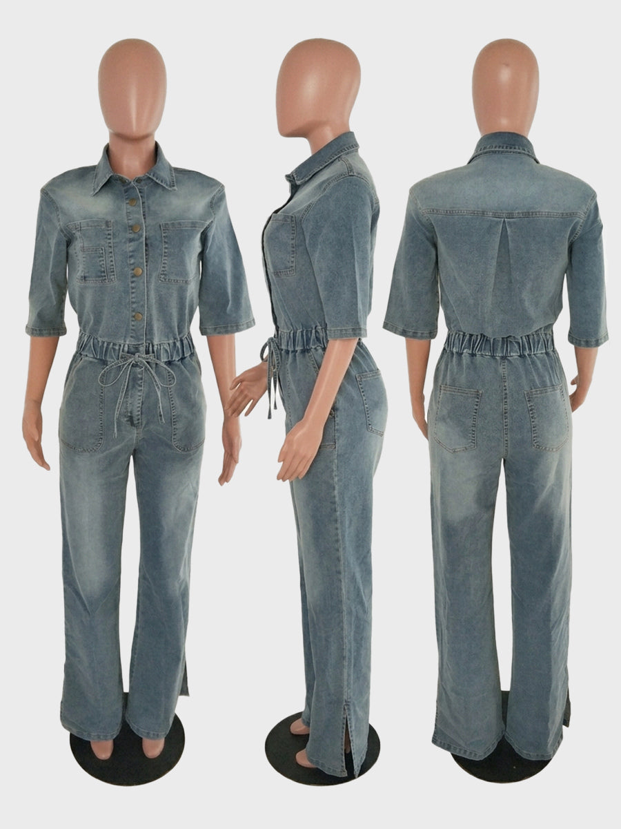 Stretch Washed Denim Jumpsuit For Women - Light Blue Drawstring Waist Side Slit Wide Leg Cargo Romper - Summer Streetwear 2026