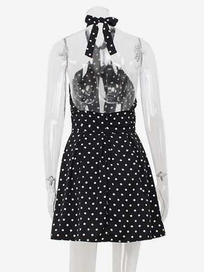 Vintage Polka Dot Halter Mini Dress For Women - Black Retro Criss Cross Keyhole Fit And Flare Sundress - Summer Girls Night Out 2026
