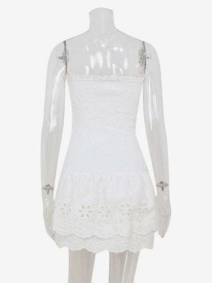 Eyelet Lace Mini Dress For Women - White Smocked Strapless Ruffle Tube Sundress - Summer Beach Vacation 2026