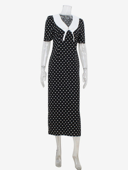 Polka Dot Maxi Dress For Women - Black Vintage Peter Pan Collar Bodycon Pencil Dress - Summer Date Night 2026