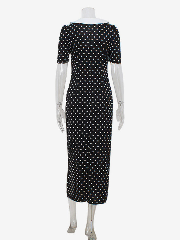 Polka Dot Maxi Dress For Women - Black Vintage Peter Pan Collar Bodycon Pencil Dress - Summer Date Night 2026