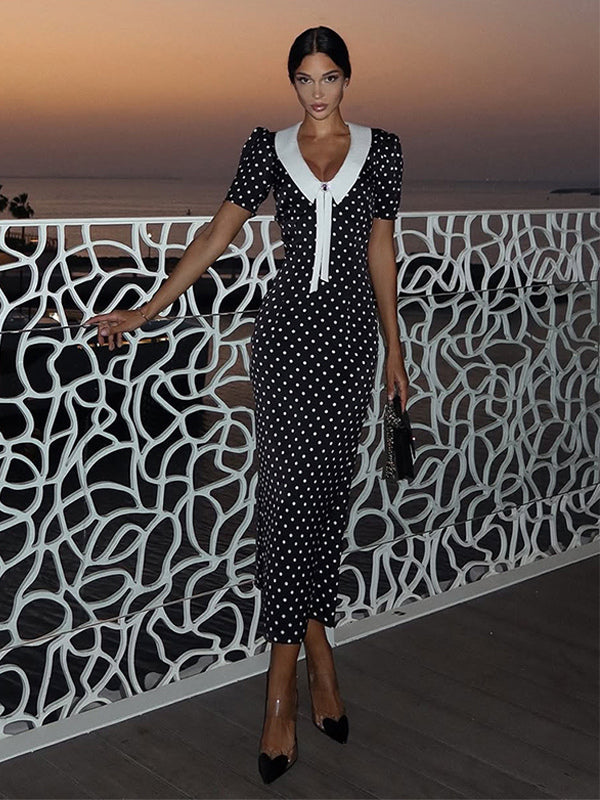 Polka Dot Maxi Dress For Women - Black Vintage Peter Pan Collar Bodycon Pencil Dress - Summer Date Night 2026