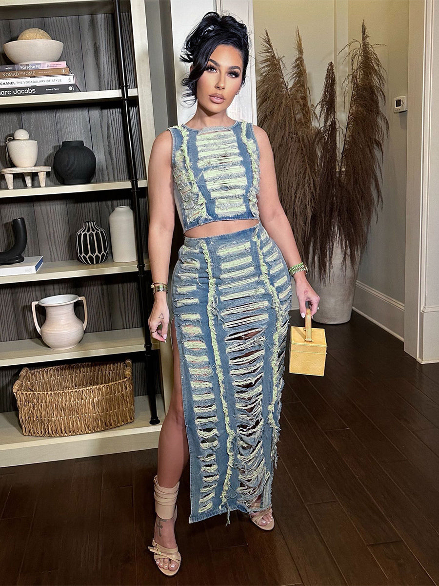 Distressed Denim 2 Piece Set For Women - Vintage Washed Ripped Maxi Slit Skirt And Crop Top - Summer Festival Party Wear 2026