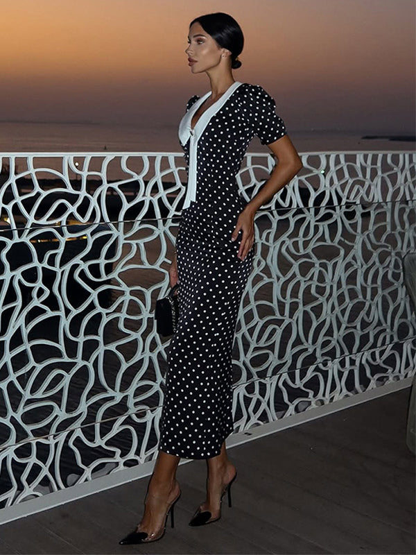 Polka Dot Maxi Dress For Women - Black Vintage Peter Pan Collar Bodycon Pencil Dress - Summer Date Night 2026