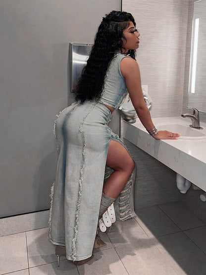 Distressed Denim 2 Piece Set For Women - Vintage Washed Ripped Maxi Slit Skirt And Crop Top - Summer Festival Party Wear 2026