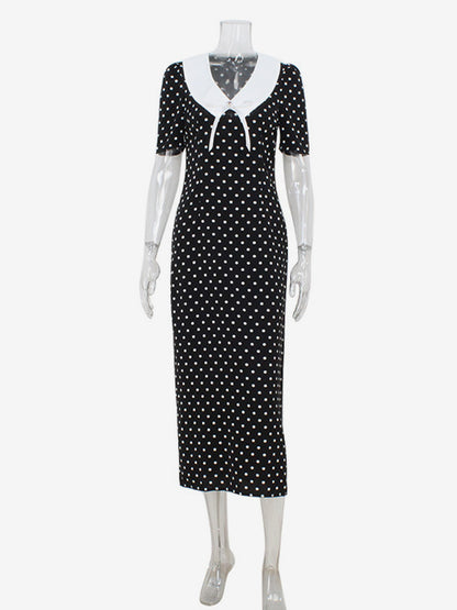 Polka Dot Maxi Dress For Women - Black Vintage Peter Pan Collar Bodycon Pencil Dress - Summer Date Night 2026