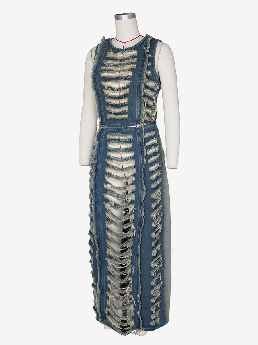 Distressed Denim 2 Piece Set For Women - Vintage Washed Ripped Maxi Slit Skirt And Crop Top - Summer Festival Party Wear 2026