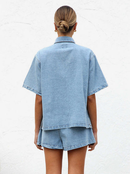 Medium Washed Denim 2 Piece Set For Women - Drawstring Shorts With Button Up Shirt - Summer Casual Vacation Outfits 2026