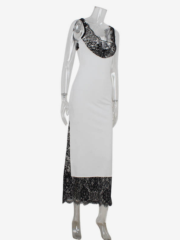 Lace Patchwork Maxi Dress For Women - Sexy V Neck Bodycon Baddie Sleeveless Gown - Summer Clubwear Party Night 2026