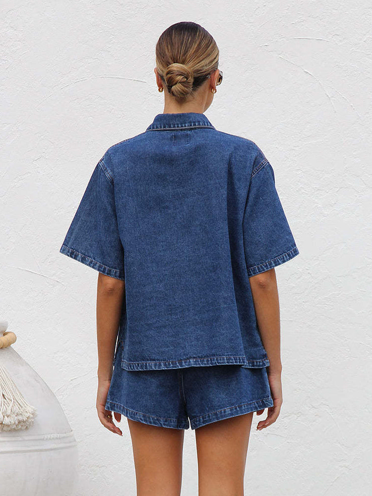 Medium Washed Denim 2 Piece Set For Women - Drawstring Shorts With Button Up Shirt - Summer Casual Vacation Outfits 2026