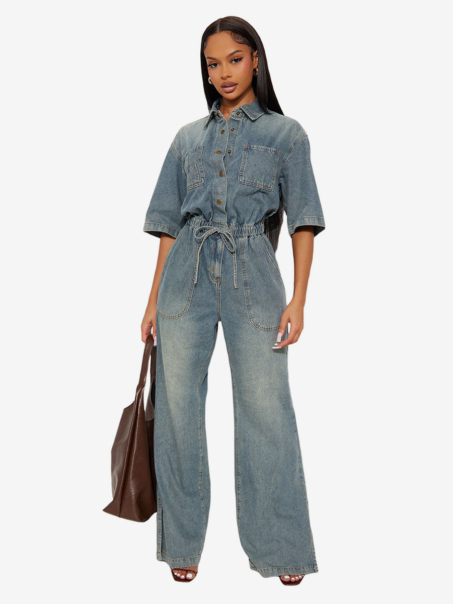 Stretch Washed Denim Jumpsuit For Women - Light Blue Drawstring Waist Side Slit Wide Leg Cargo Romper - Summer Streetwear 2026