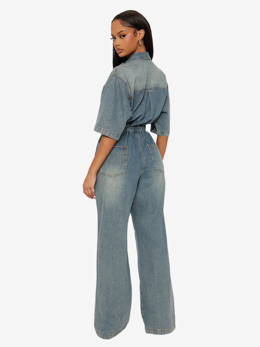 Stretch Washed Denim Jumpsuit For Women - Light Blue Drawstring Waist Side Slit Wide Leg Cargo Romper - Summer Streetwear 2026