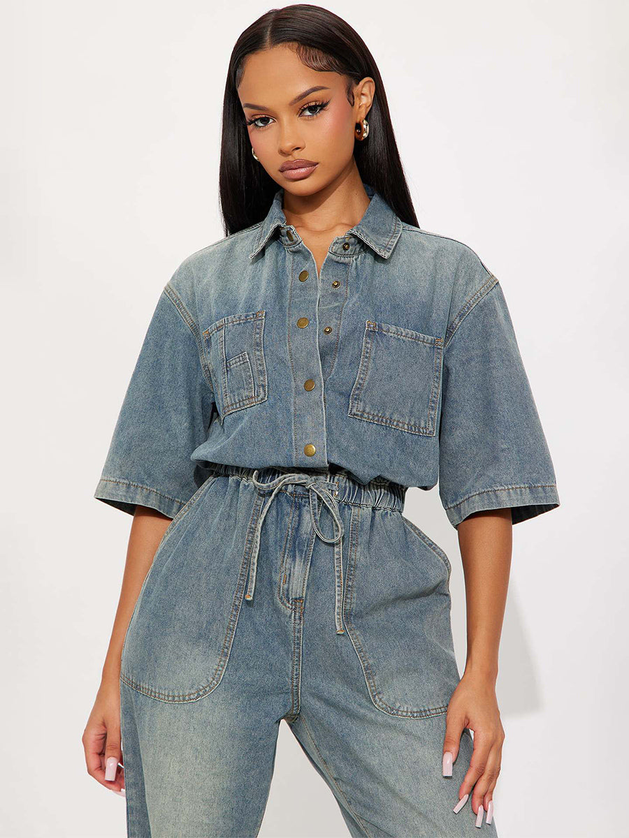 Stretch Washed Denim Jumpsuit For Women - Light Blue Drawstring Waist Side Slit Wide Leg Cargo Romper - Summer Streetwear 2026