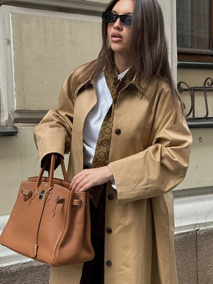Classic Long Trench Coat For Women - Khaki Minimalist Single-Breasted Relaxed Fit Dust Coat - Spring Office-to-dinner Outerwear 2026
