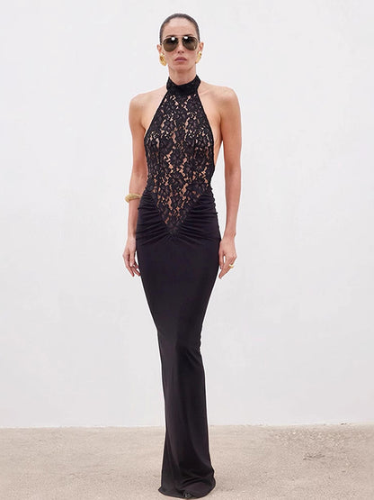Sheer Lace Patchwork Halter Maxi Dress For Women - Black Sexy Backless Mermaid Bodycon - Summer Formal Evening Gown 2026