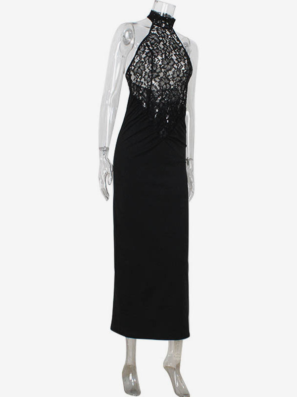 Sheer Lace Patchwork Halter Maxi Dress For Women - Black Sexy Backless Mermaid Bodycon - Summer Formal Evening Gown 2026