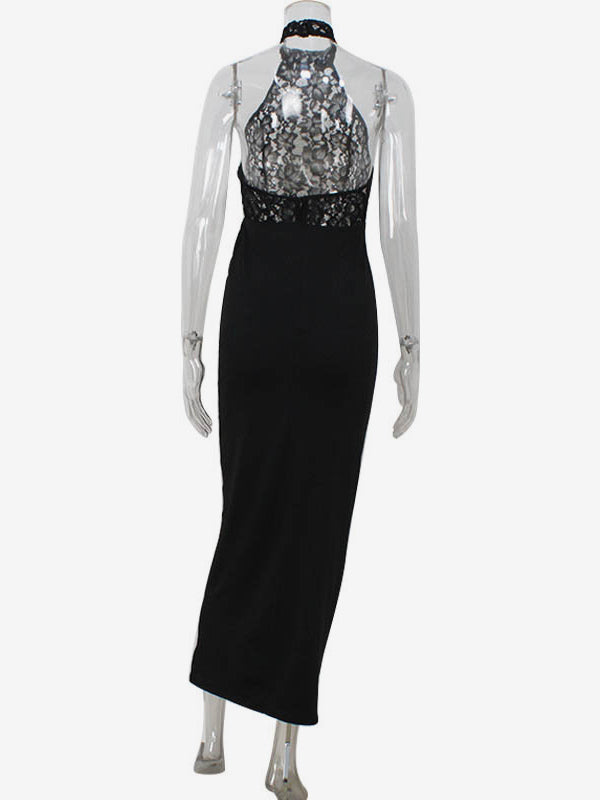 Sheer Lace Patchwork Halter Maxi Dress For Women - Black Sexy Backless Mermaid Bodycon - Summer Formal Evening Gown 2026