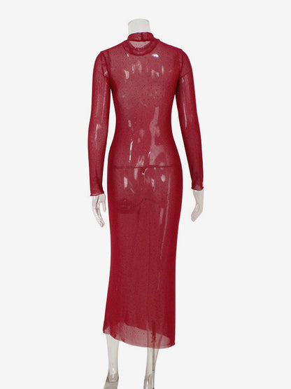 Rhinestone Mesh Maxi Dress For Women - Red Sheer High Neck Long Sleeve Bodycon Cover Up - Summer Clubwear Partywear 2026