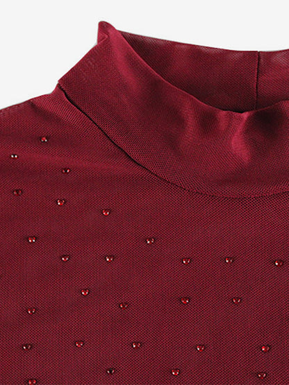 Rhinestone Mesh Maxi Dress For Women - Red Sheer High Neck Long Sleeve Bodycon Cover Up - Summer Clubwear Partywear 2026
