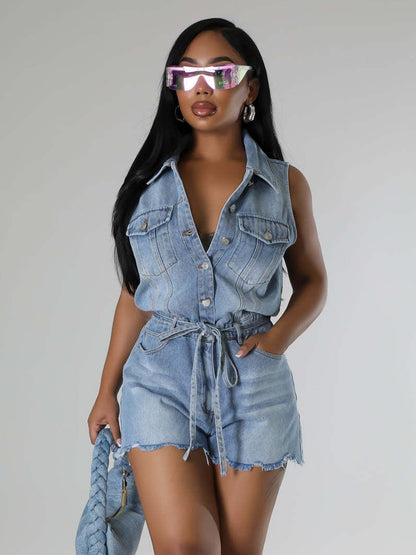 Sleeveless Denim Romper For Women - Light Blue Distressed Tie Waist One Piece Shorts - Summer Clubwear 2026