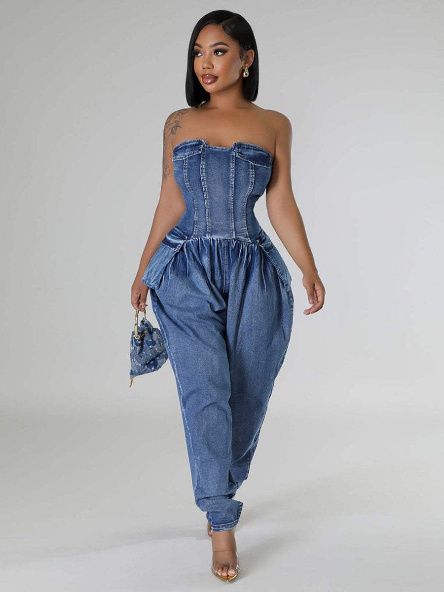 Strapless Corset Denim Jumpsuit For Women - Blue Sexy Bustier Back Zip Harem Romper - Spring Party Night Club 2026