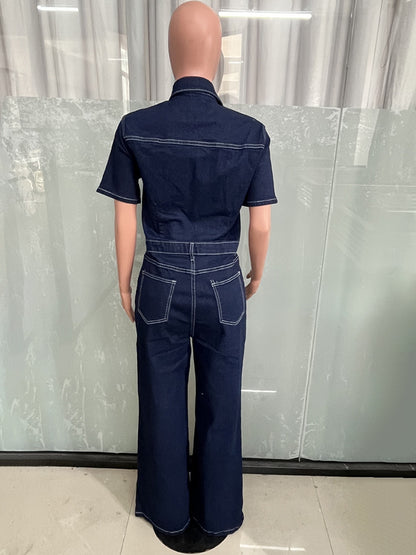 Contrast Stitch Denim Jumpsuit For Women - Dark Blue Washed Retro Short Sleeve Wide Leg Romper - Spring Casual Streetwear 2026