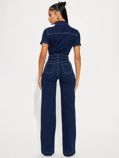 Contrast Stitch Denim Jumpsuit For Women - Dark Blue Washed Retro Short Sleeve Wide Leg Romper - Spring Casual Streetwear 2026