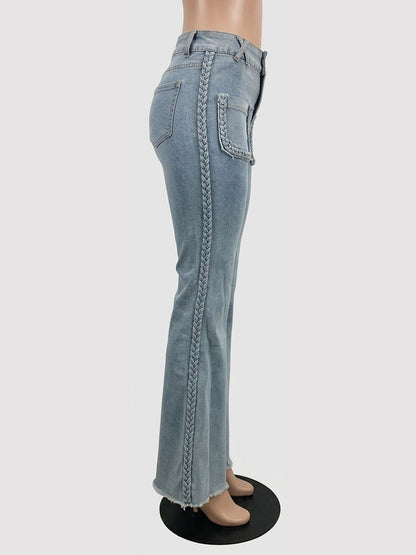 Braided Detail Patch Pocket Flare Jeans For Women - Light Blue Retro Boho High Waisted Bell Bottoms - Spring Vacation 2026