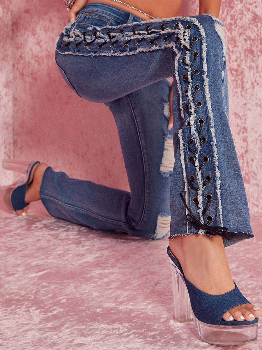 Side Lace Up Ripped Flare Jeans For Women - Medium Wash Sexy Hollow Out Bootcut Denim - Spring Streetwear 2026