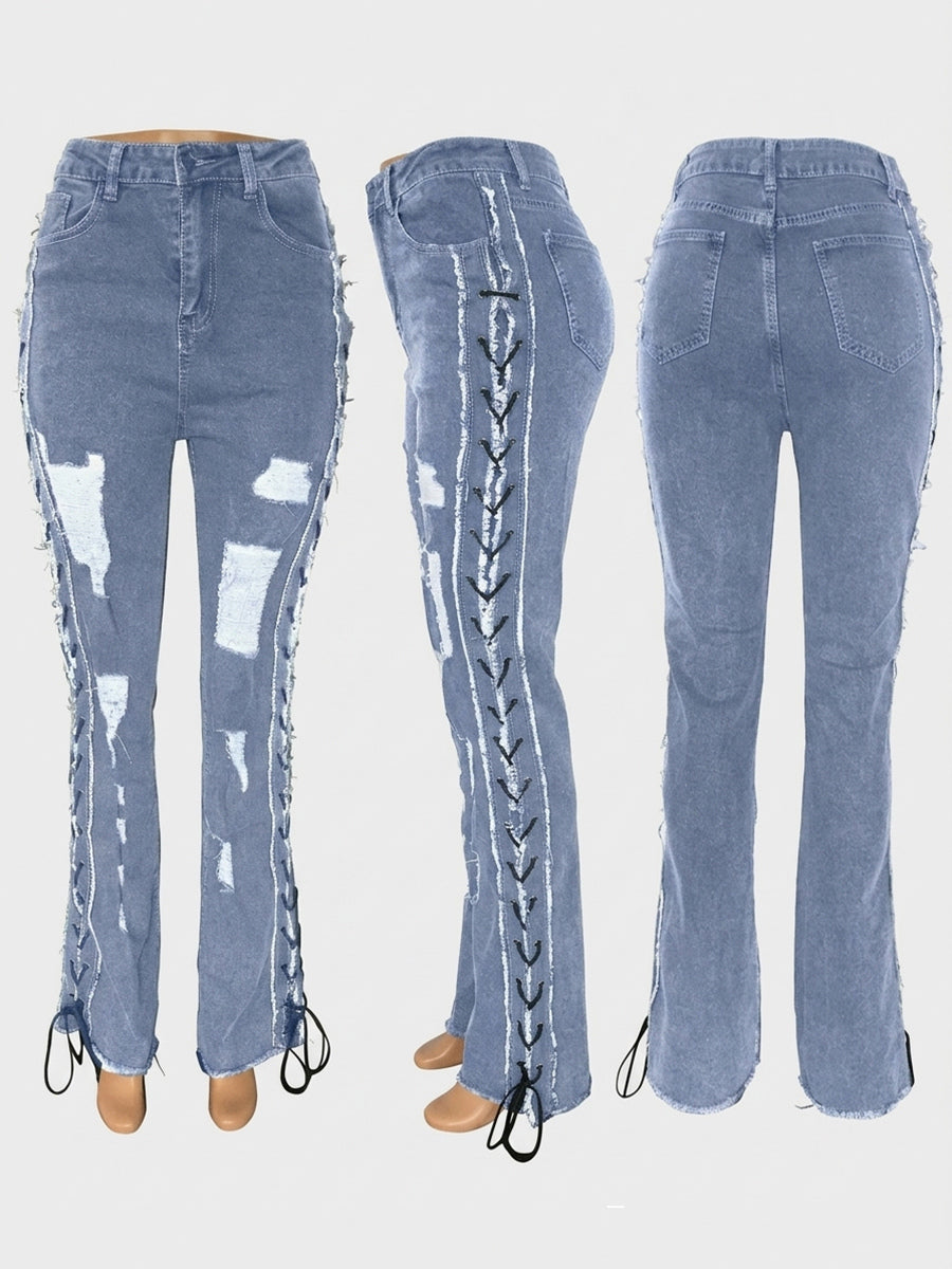 Side Lace Up Ripped Flare Jeans For Women - Medium Wash Sexy Hollow Out Bootcut Denim - Spring Streetwear 2026