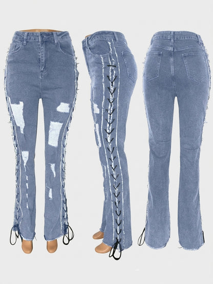 Side Lace Up Ripped Flare Jeans For Women - Medium Wash Sexy Hollow Out Bootcut Denim - Spring Streetwear 2026