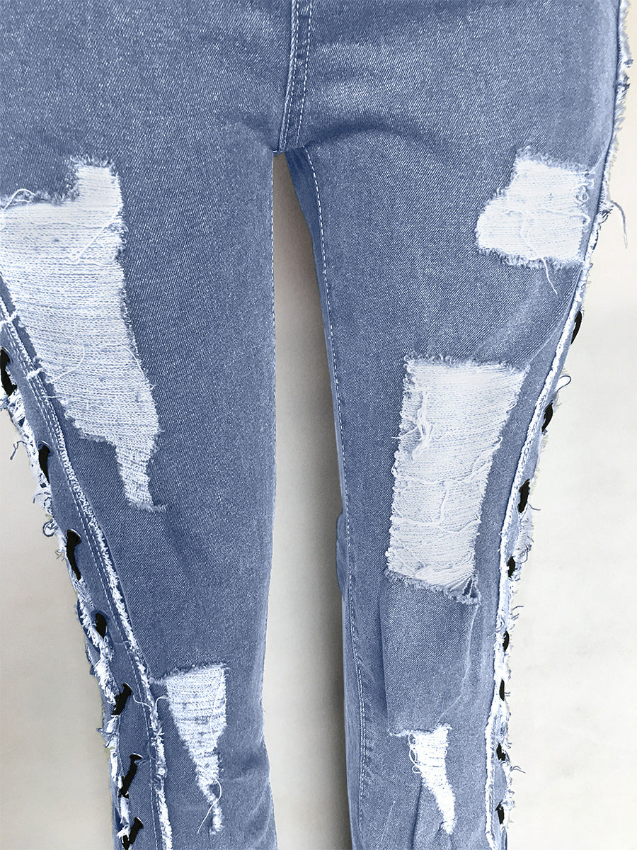 Side Lace Up Ripped Flare Jeans For Women - Medium Wash Sexy Hollow Out Bootcut Denim - Spring Streetwear 2026