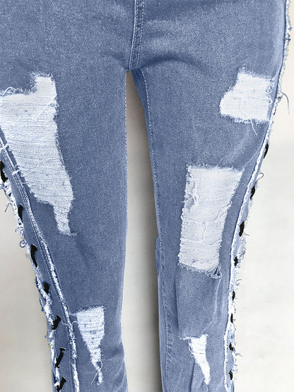 Side Lace Up Ripped Flare Jeans For Women - Medium Wash Sexy Hollow Out Bootcut Denim - Spring Streetwear 2026