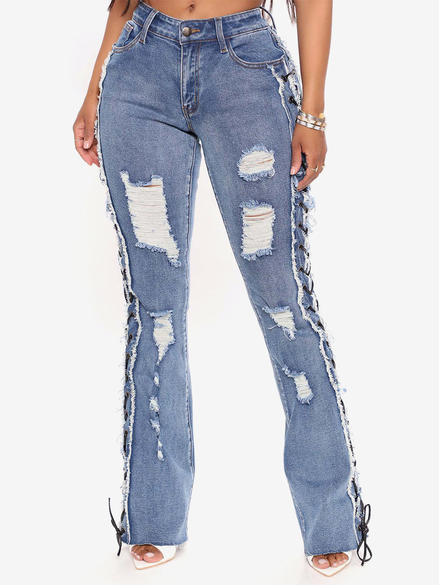 Side Lace Up Ripped Flare Jeans For Women - Medium Wash Sexy Hollow Out Bootcut Denim - Spring Streetwear 2026