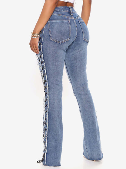 Side Lace Up Ripped Flare Jeans For Women - Medium Wash Sexy Hollow Out Bootcut Denim - Spring Streetwear 2026