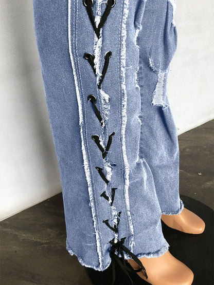 Side Lace Up Ripped Flare Jeans For Women - Medium Wash Sexy Hollow Out Bootcut Denim - Spring Streetwear 2026