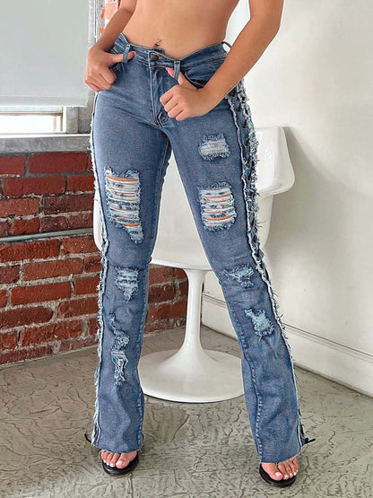 Side Lace Up Ripped Flare Jeans For Women - Medium Wash Sexy Hollow Out Bootcut Denim - Spring Streetwear 2026