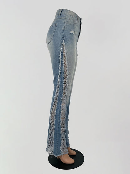 Side Frayed Distressed Flare Jeans For Women - Light Blue Washed Sexy Bootcut Denim - Spring Party Clubwear 2026