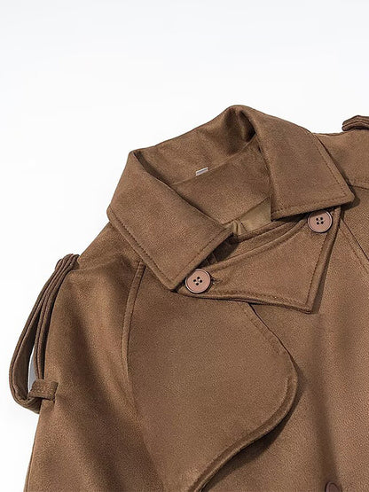 Faux Suede Trench Coat For Women - Retro Double Breasted Belted Maxi Jacket - Spring Commuter Style 2026
