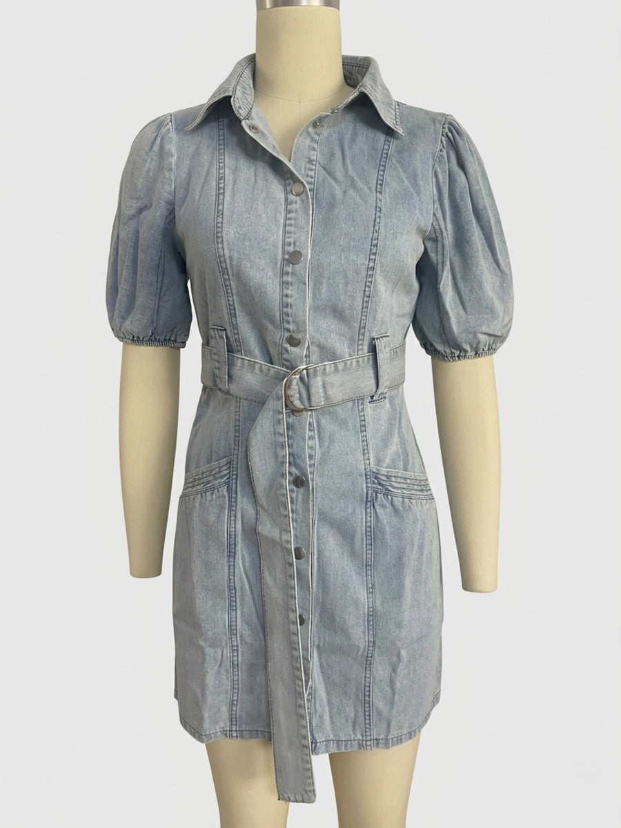 Puff Sleeve Denim Dress For Women - Light Blue Washed Vintage Belted Button Down Mini Dress - Summer Casual Streetwear 2026