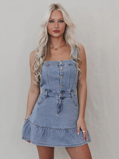 Ruffle Hem Denim Dress For Women - Light Blue Sweet Y2K Button Up Mini Dress - Summer Beach Festival Party Outfit 2026