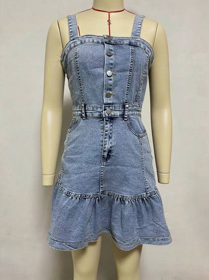 Ruffle Hem Denim Dress For Women - Light Blue Sweet Y2K Button Up Mini Dress - Summer Beach Festival Party Outfit 2026