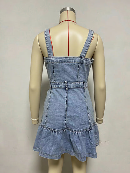 Ruffle Hem Denim Dress For Women - Light Blue Sweet Y2K Button Up Mini Dress - Summer Beach Festival Party Outfit 2026