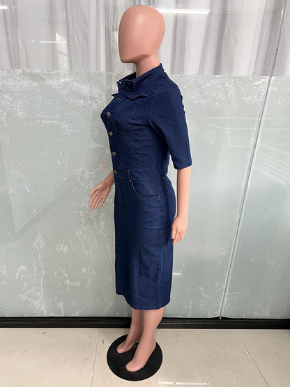 Washed Bodycon Denim Midi Dress For Women - Blue Fitted Button Front Pencil Dress - Spring Casual Streetwear 2026