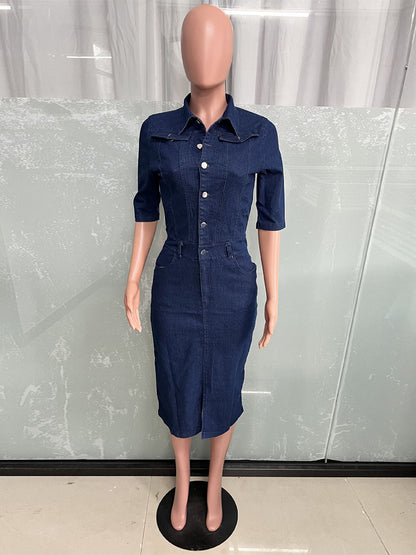 Washed Bodycon Denim Midi Dress For Women - Blue Fitted Button Front Pencil Dress - Spring Casual Streetwear 2026