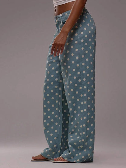 Polka Dot Wide Leg Jeans For Women - Retro Inelastic Straight Trousers - Spring Chic Streetwear 2026
