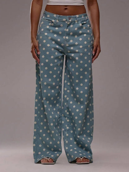 Polka Dot Wide Leg Jeans For Women - Retro Inelastic Straight Trousers - Spring Chic Streetwear 2026