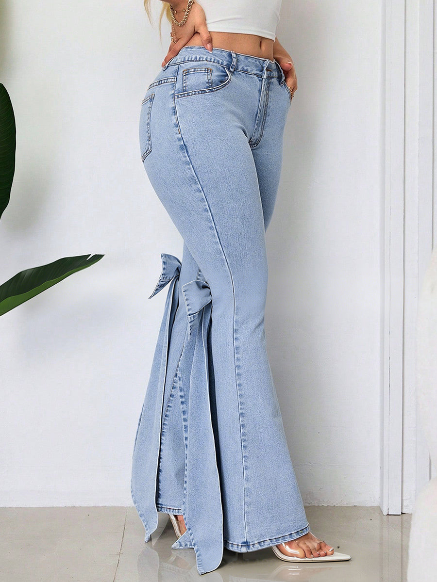Bow Knot Flare Jeans For Women - Blue Trendy Wide Leg Denim Bottoms - Spring Streetwear 2026