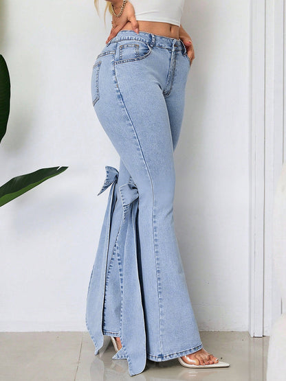 Bow Knot Flare Jeans For Women - Blue Trendy Wide Leg Denim Bottoms - Spring Streetwear 2026