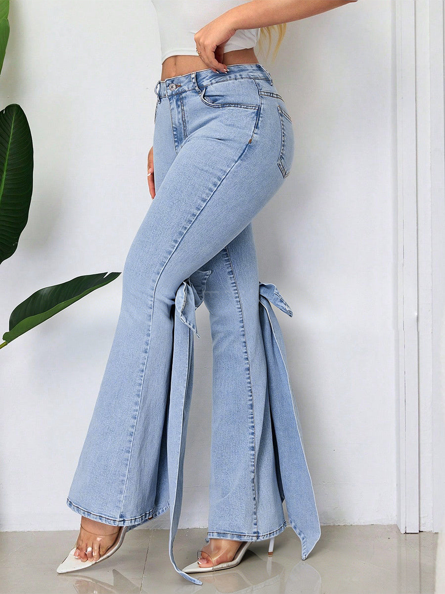 Bow Knot Flare Jeans For Women - Blue Trendy Wide Leg Denim Bottoms - Spring Streetwear 2026
